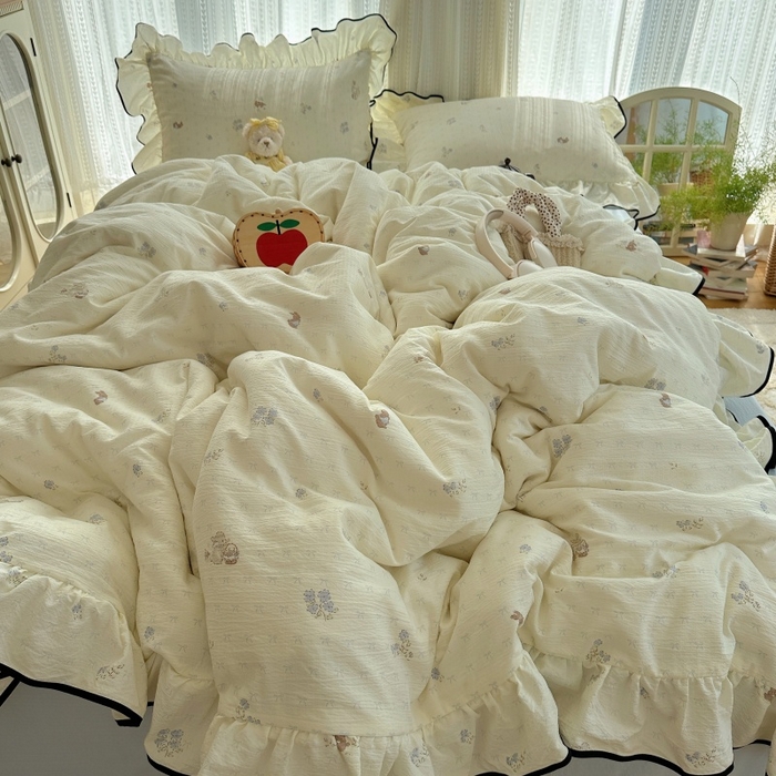 91家纺网 家纺一手货源 找家纺 红嘴企鹅 2025新款韩版双拼花边四件套 韩版-淡彩繁花