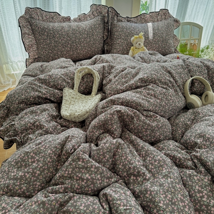 91家纺网 家纺一手货源 找家纺 红嘴企鹅 2025新款韩版双拼花边四件套 韩版-褐野粉韵