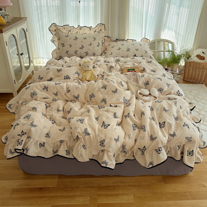 91家纺网 家纺一手货源 找家纺 红嘴企鹅 2025新款韩版双拼花边四件套 韩版-蝴蝶柔纱