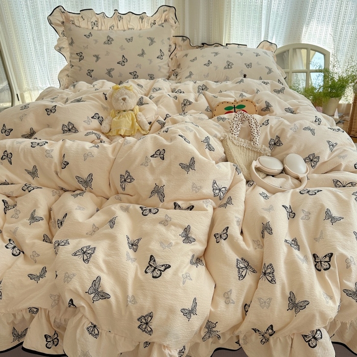 91家纺网 家纺一手货源 找家纺 红嘴企鹅 2025新款韩版双拼花边四件套 韩版-蝴蝶柔纱