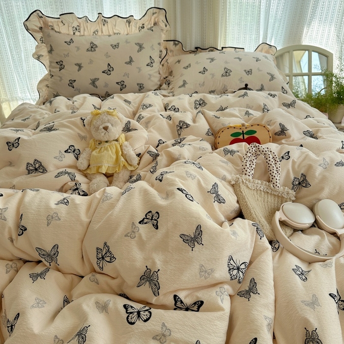 91家纺网 家纺一手货源 找家纺 红嘴企鹅 2025新款韩版双拼花边四件套 韩版-蝴蝶柔纱