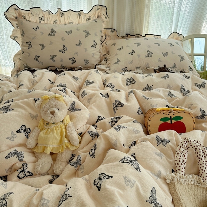 91家纺网 家纺一手货源 找家纺 红嘴企鹅 2025新款韩版双拼花边四件套 韩版-蝴蝶柔纱