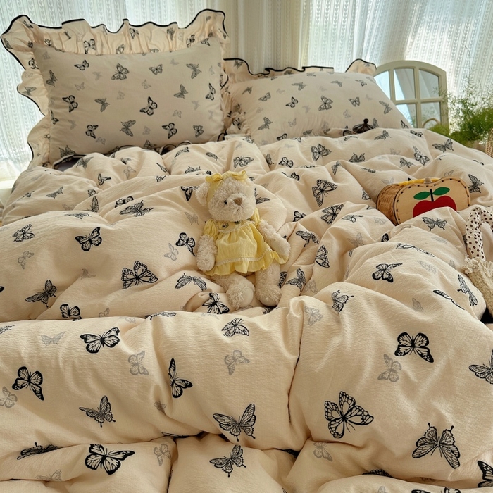 91家纺网 家纺一手货源 找家纺 红嘴企鹅 2025新款韩版双拼花边四件套 韩版-蝴蝶柔纱