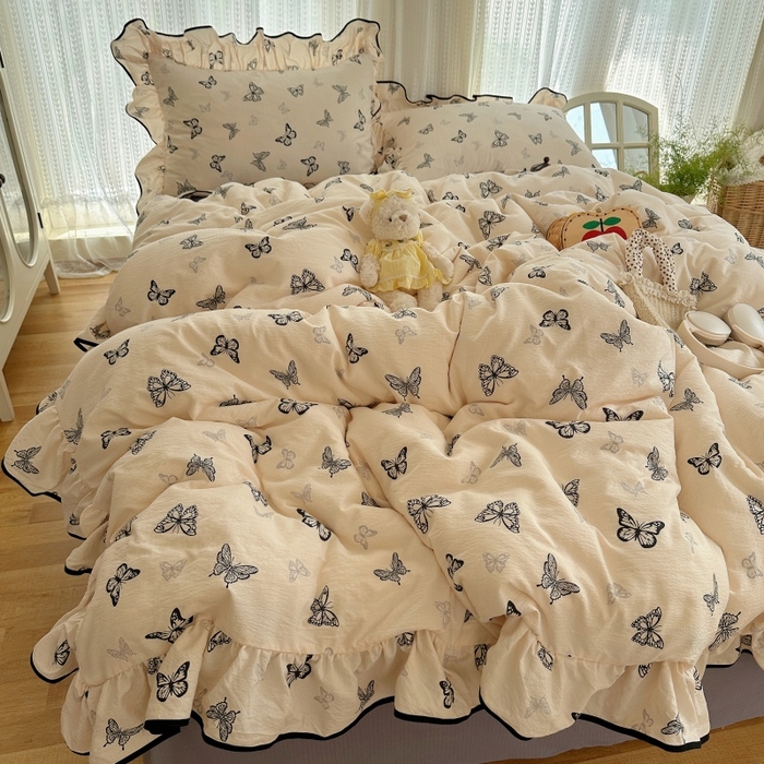 91家纺网 家纺一手货源 找家纺 红嘴企鹅 2025新款韩版双拼花边四件套 韩版-蝴蝶柔纱