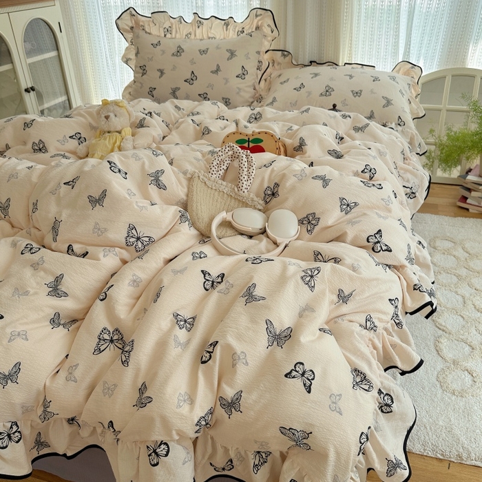 91家纺网 家纺一手货源 找家纺 红嘴企鹅 2025新款韩版双拼花边四件套 韩版-蝴蝶柔纱