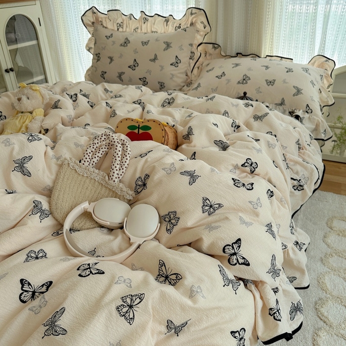 91家纺网 家纺一手货源 找家纺 红嘴企鹅 2025新款韩版双拼花边四件套 韩版-蝴蝶柔纱