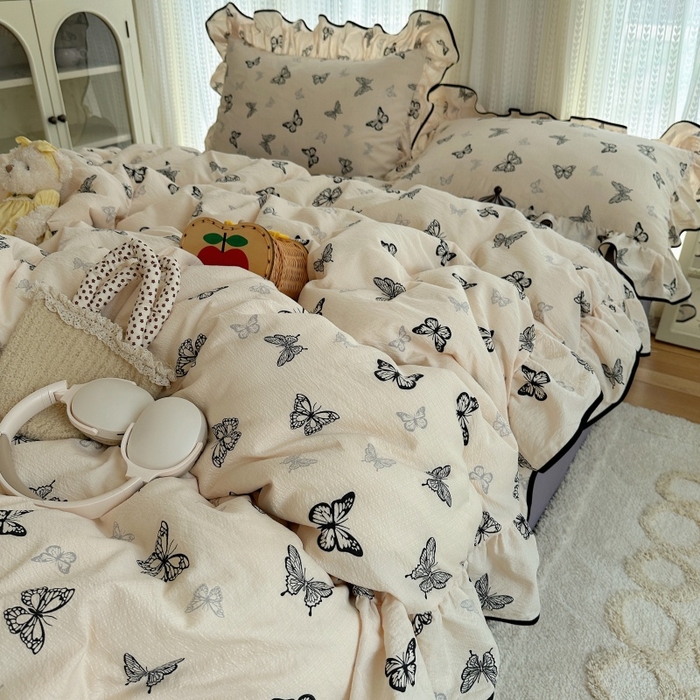 91家纺网 家纺一手货源 找家纺 红嘴企鹅 2025新款韩版双拼花边四件套 韩版-蝴蝶柔纱