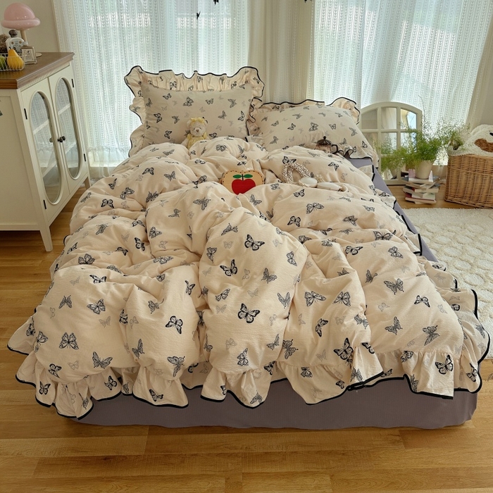 91家纺网 家纺一手货源 找家纺 红嘴企鹅 2025新款韩版双拼花边四件套 韩版-蝴蝶柔纱