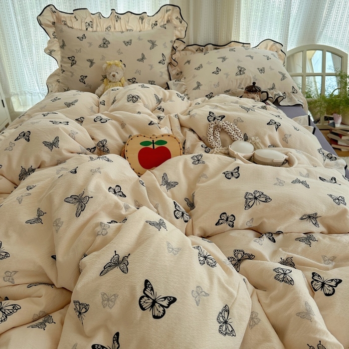 91家纺网 家纺一手货源 找家纺 红嘴企鹅 2025新款韩版双拼花边四件套 韩版-蝴蝶柔纱