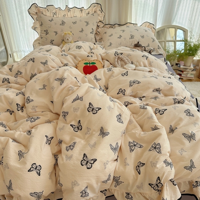 91家纺网 家纺一手货源 找家纺 红嘴企鹅 2025新款韩版双拼花边四件套 韩版-蝴蝶柔纱