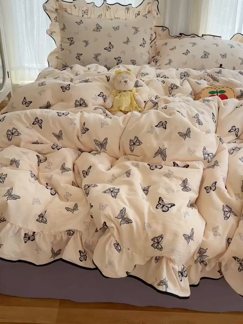 91家纺网 家纺一手货源 找家纺 红嘴企鹅 2025新款韩版双拼花边四件套 韩版-蝴蝶柔纱