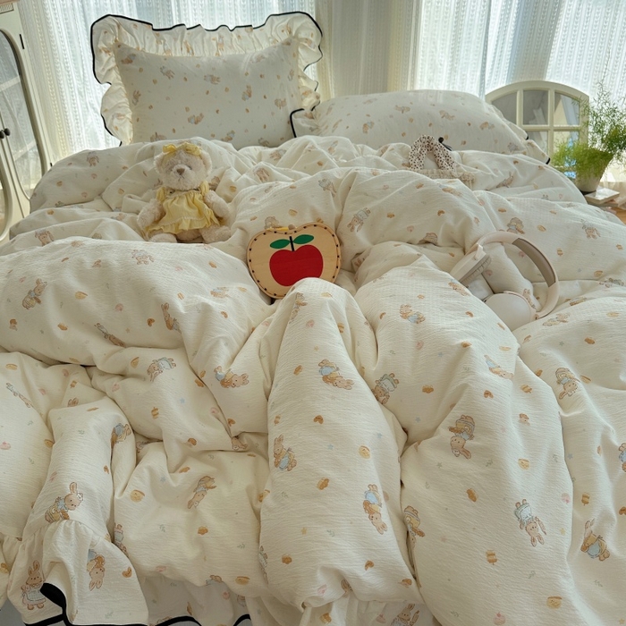 91家纺网 家纺一手货源 找家纺 红嘴企鹅 2025新款韩版双拼花边四件套 韩版-萌兔梦坊