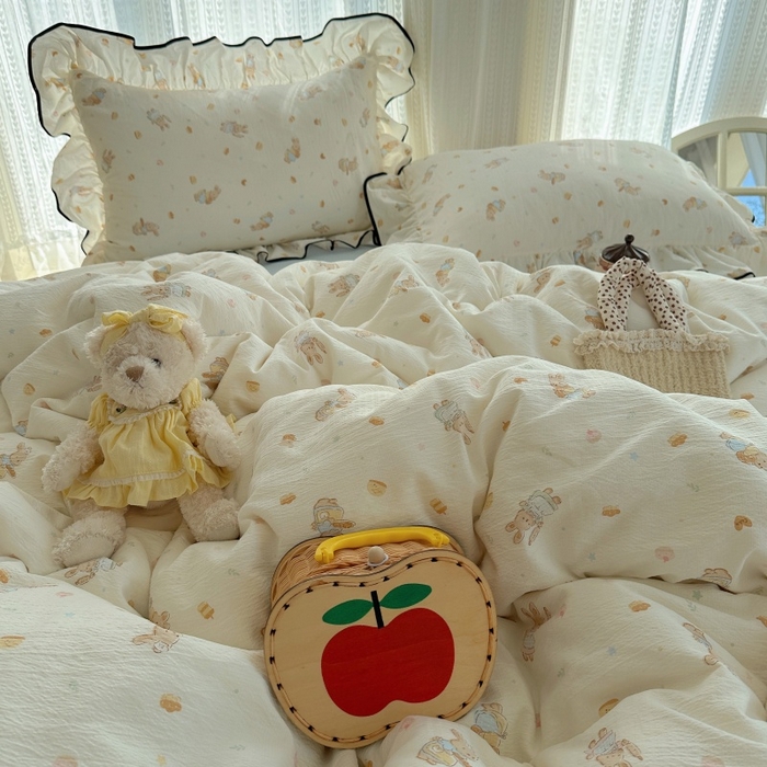 91家纺网 家纺一手货源 找家纺 红嘴企鹅 2025新款韩版双拼花边四件套 韩版-萌兔梦坊