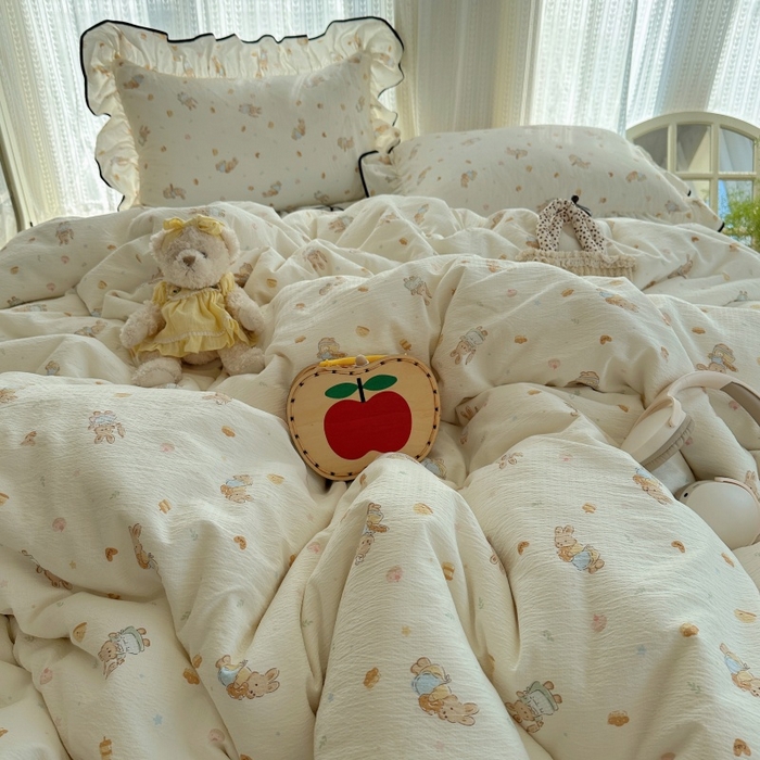 91家纺网 家纺一手货源 找家纺 红嘴企鹅 2025新款韩版双拼花边四件套 韩版-萌兔梦坊