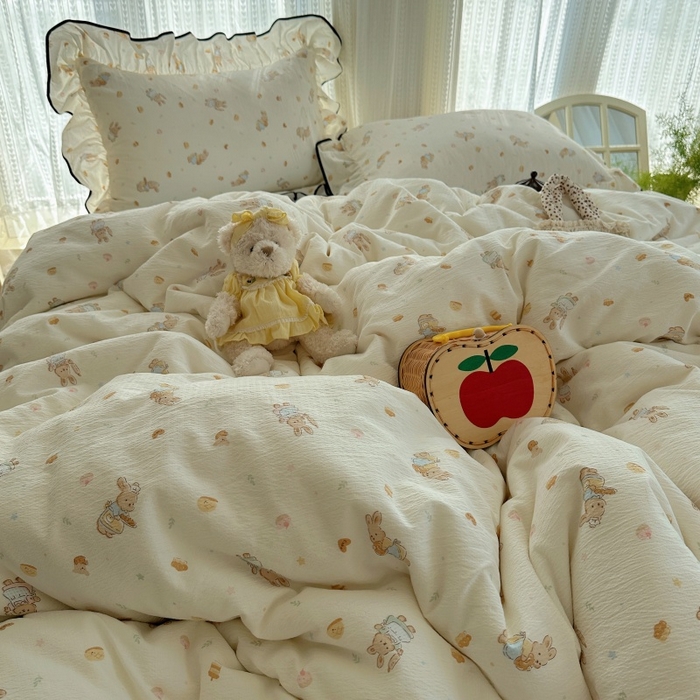 91家纺网 家纺一手货源 找家纺 红嘴企鹅 2025新款韩版双拼花边四件套 韩版-萌兔梦坊