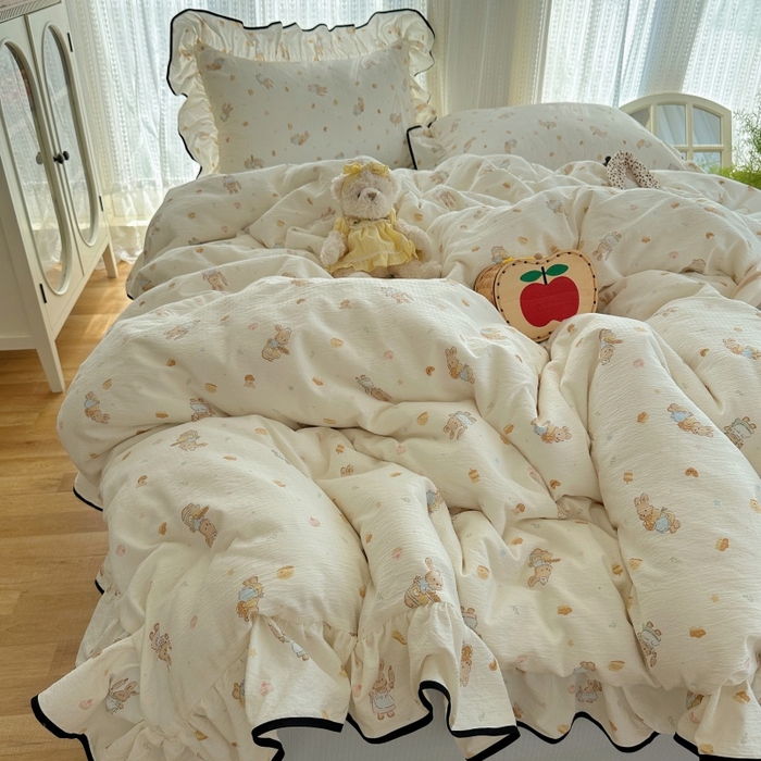 91家纺网 家纺一手货源 找家纺 红嘴企鹅 2025新款韩版双拼花边四件套 韩版-萌兔梦坊