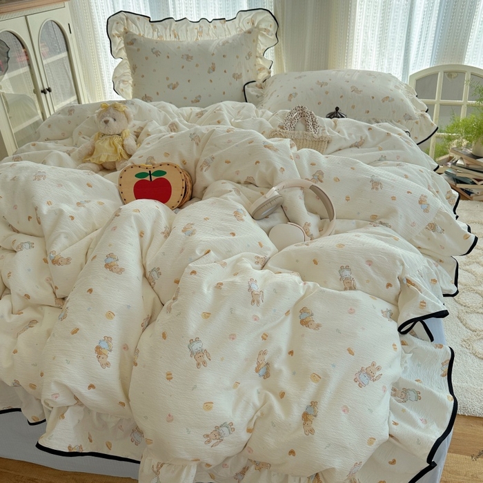 91家纺网 家纺一手货源 找家纺 红嘴企鹅 2025新款韩版双拼花边四件套 韩版-萌兔梦坊