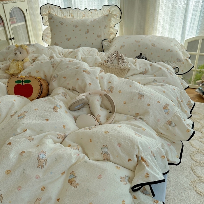 91家纺网 家纺一手货源 找家纺 红嘴企鹅 2025新款韩版双拼花边四件套 韩版-萌兔梦坊