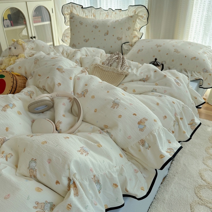 91家纺网 家纺一手货源 找家纺 红嘴企鹅 2025新款韩版双拼花边四件套 韩版-萌兔梦坊