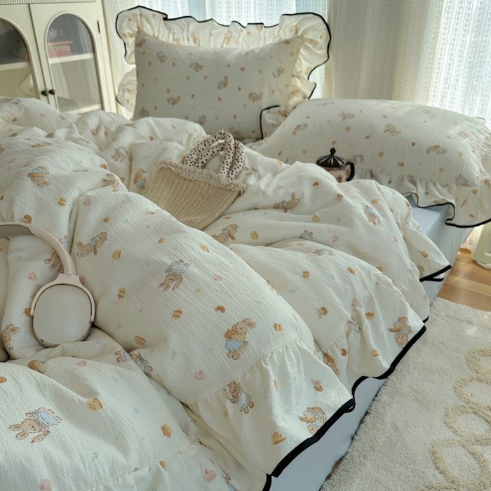 91家纺网 家纺一手货源 找家纺 红嘴企鹅 2025新款韩版双拼花边四件套 韩版-萌兔梦坊