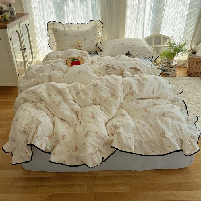 91家纺网 家纺一手货源 找家纺 红嘴企鹅 2025新款韩版双拼花边四件套 韩版-萌兔梦坊