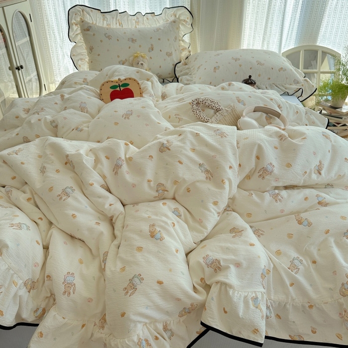 91家纺网 家纺一手货源 找家纺 红嘴企鹅 2025新款韩版双拼花边四件套 韩版-萌兔梦坊