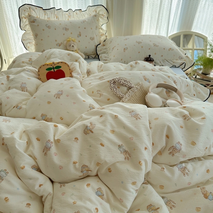 91家纺网 家纺一手货源 找家纺 红嘴企鹅 2025新款韩版双拼花边四件套 韩版-萌兔梦坊