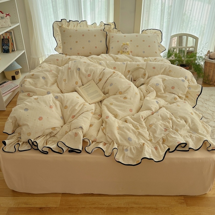 91家纺网 家纺一手货源 找家纺 红嘴企鹅 2025新款韩版双拼花边四件套 韩版-南瓜甜梦园