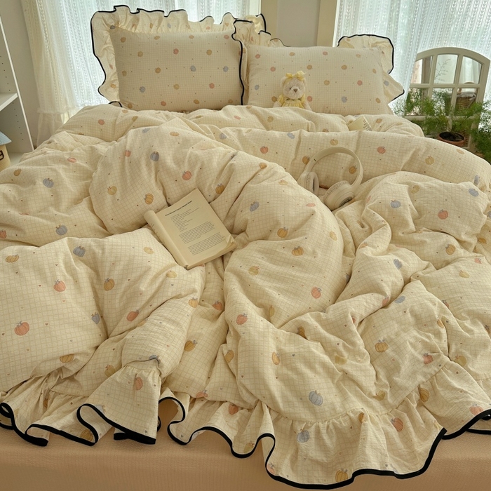 91家纺网 家纺一手货源 找家纺 红嘴企鹅 2025新款韩版双拼花边四件套 韩版-南瓜甜梦园