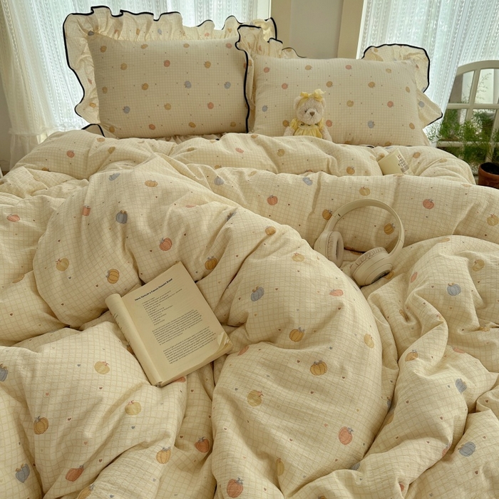 91家纺网 家纺一手货源 找家纺 红嘴企鹅 2025新款韩版双拼花边四件套 韩版-南瓜甜梦园