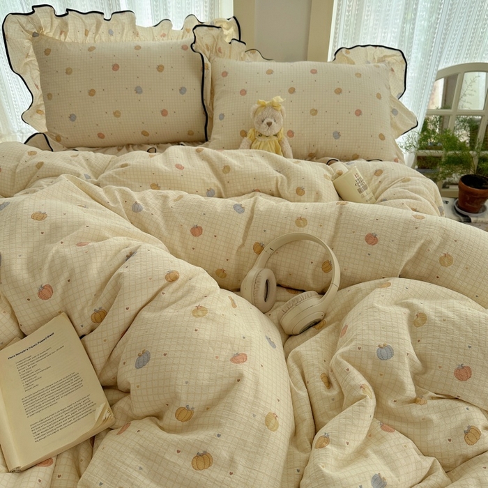 91家纺网 家纺一手货源 找家纺 红嘴企鹅 2025新款韩版双拼花边四件套 韩版-南瓜甜梦园