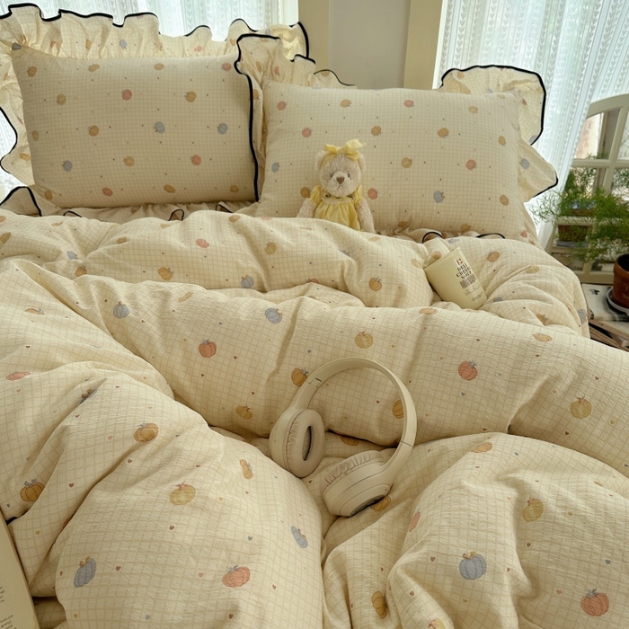 91家纺网 家纺一手货源 找家纺 红嘴企鹅 2025新款韩版双拼花边四件套 韩版-南瓜甜梦园