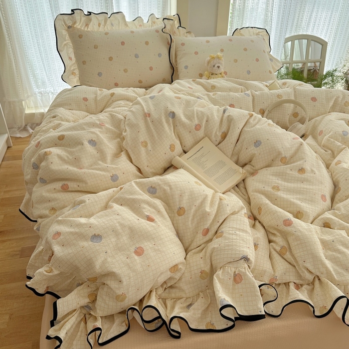 91家纺网 家纺一手货源 找家纺 红嘴企鹅 2025新款韩版双拼花边四件套 韩版-南瓜甜梦园