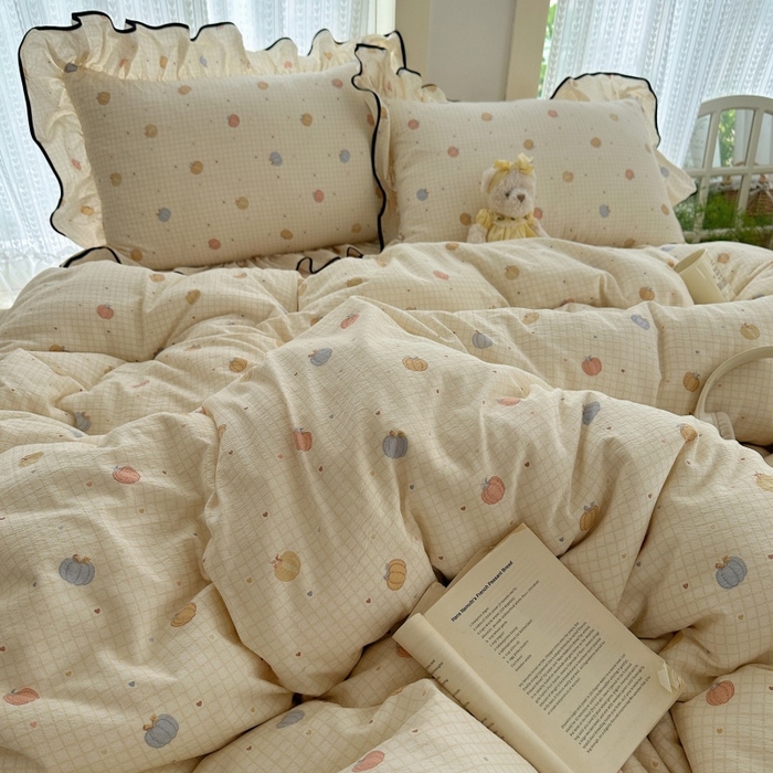 91家纺网 家纺一手货源 找家纺 红嘴企鹅 2025新款韩版双拼花边四件套 韩版-南瓜甜梦园