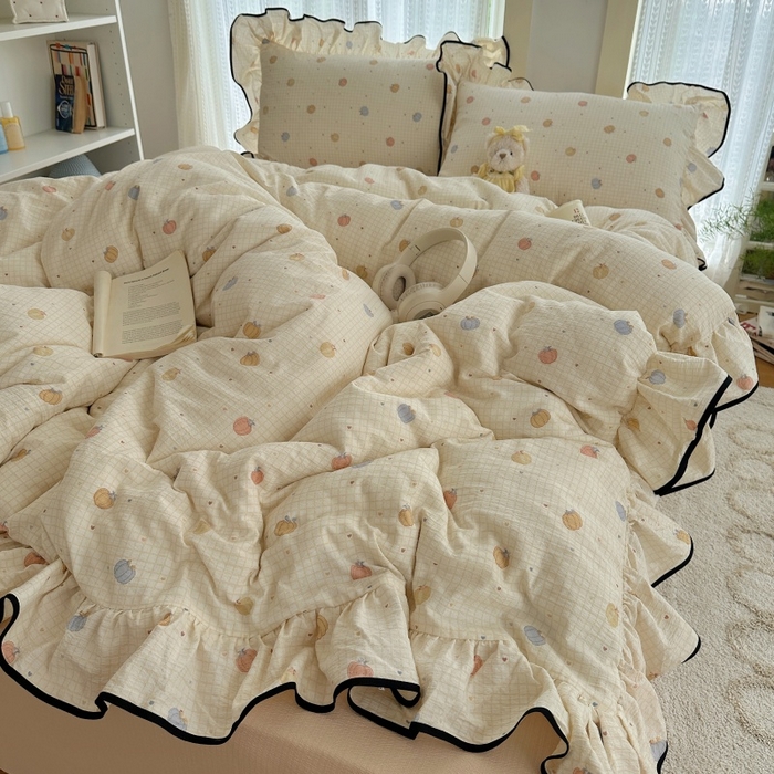 91家纺网 家纺一手货源 找家纺 红嘴企鹅 2025新款韩版双拼花边四件套 韩版-南瓜甜梦园