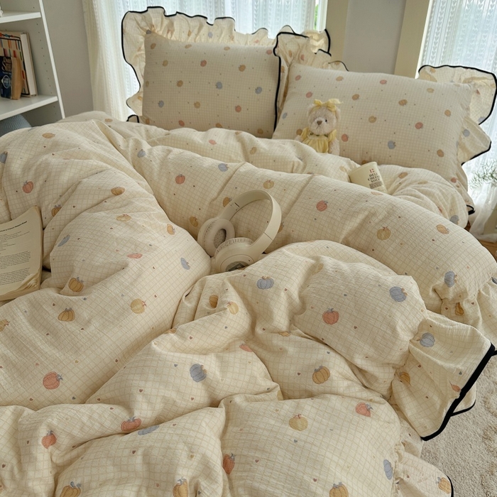 91家纺网 家纺一手货源 找家纺 红嘴企鹅 2025新款韩版双拼花边四件套 韩版-南瓜甜梦园