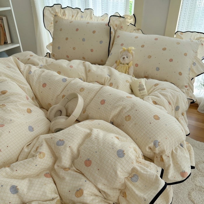 91家纺网 家纺一手货源 找家纺 红嘴企鹅 2025新款韩版双拼花边四件套 韩版-南瓜甜梦园