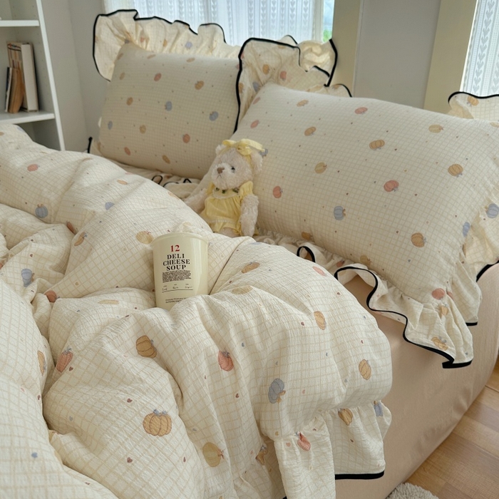 91家纺网 家纺一手货源 找家纺 红嘴企鹅 2025新款韩版双拼花边四件套 韩版-南瓜甜梦园