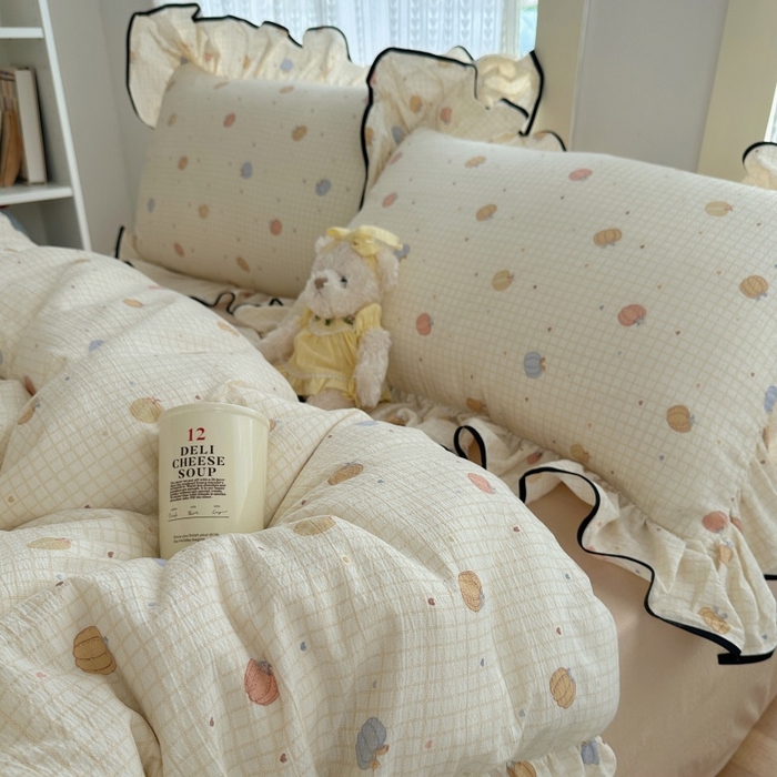 91家纺网 家纺一手货源 找家纺 红嘴企鹅 2025新款韩版双拼花边四件套 韩版-南瓜甜梦园