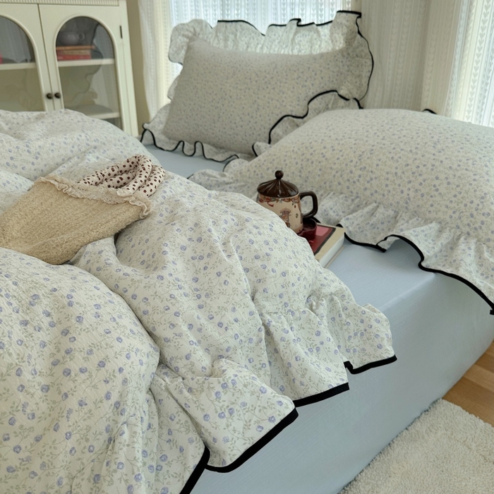 红嘴企鹅 2025新款韩版双拼花边四件套 韩版-浅暮堇语