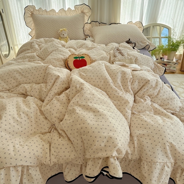 91家纺网 家纺一手货源 找家纺 红嘴企鹅 2025新款韩版双拼花边四件套 韩版-柔梦蝶