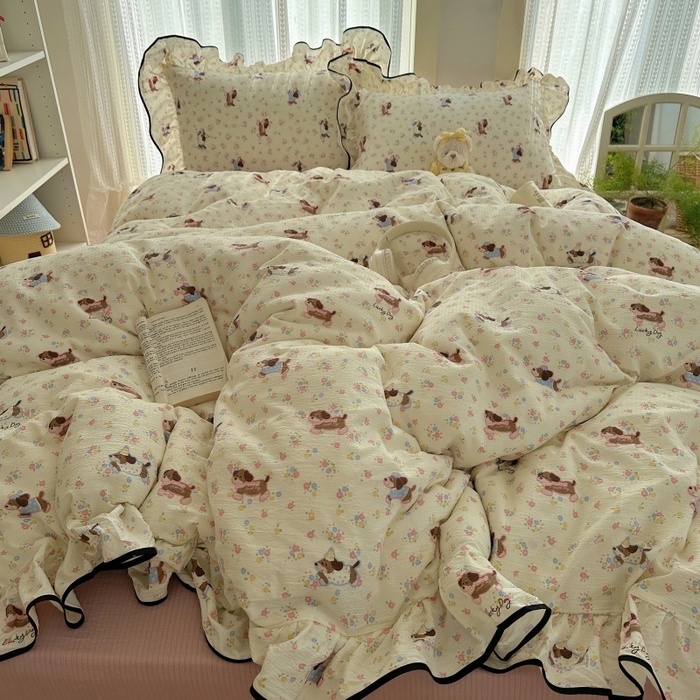 91家纺网 家纺一手货源 找家纺 红嘴企鹅 2025新款韩版双拼花边四件套 韩版-甜心小狗