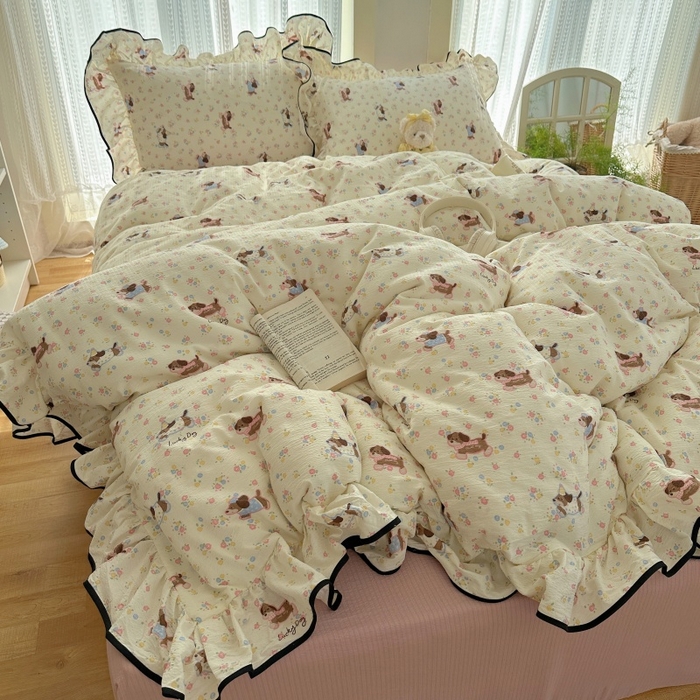 91家纺网 家纺一手货源 找家纺 红嘴企鹅 2025新款韩版双拼花边四件套 韩版-甜心小狗