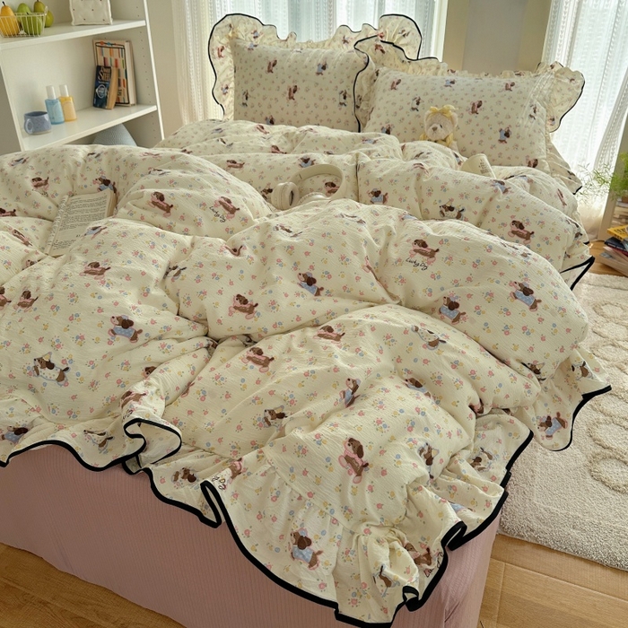 91家纺网 家纺一手货源 找家纺 红嘴企鹅 2025新款韩版双拼花边四件套 韩版-甜心小狗