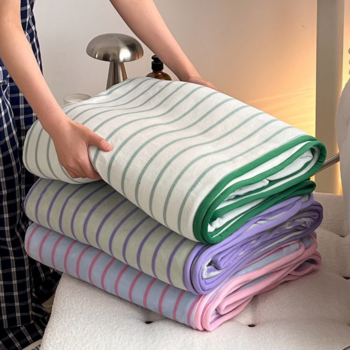 （总）桃子家居 2025新款A类ins复古条纹法式布列塔尼条纹简约撞色加厚牛奶绒系列四件套