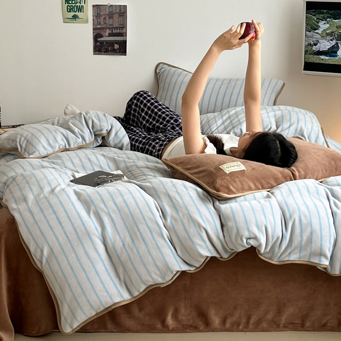 桃子家居 2025新款A类ins复古条纹法式布列塔尼条纹简约撞色加厚牛奶绒系列四件套 绒-复古条纹蓝棕