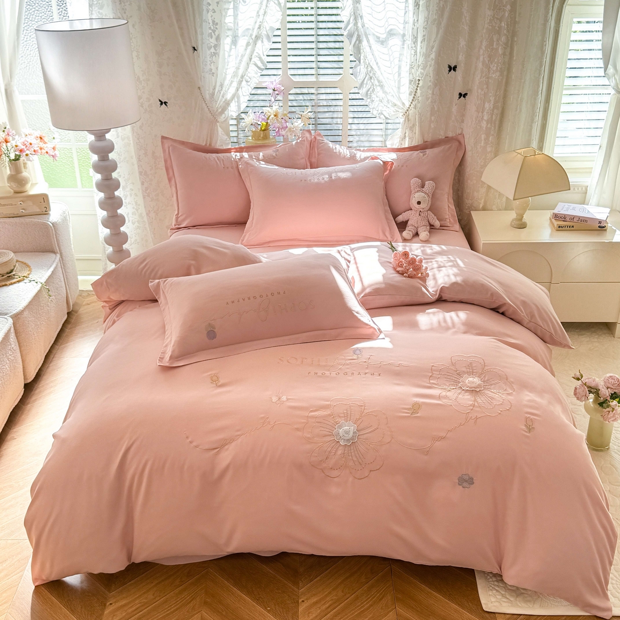 91家纺网 家纺一手货源 找家纺 （总）大麦乐田 2025新款小清新糯小棉立体花绣花吊边四件套