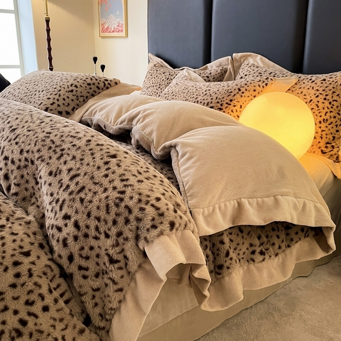 91家纺网 家纺一手货源 找家纺 （总）库里梦家纺 2025新款网红直播爆款獭兔毛豹纹-A版兔毛绒B版牛奶绒四件套-豹纹