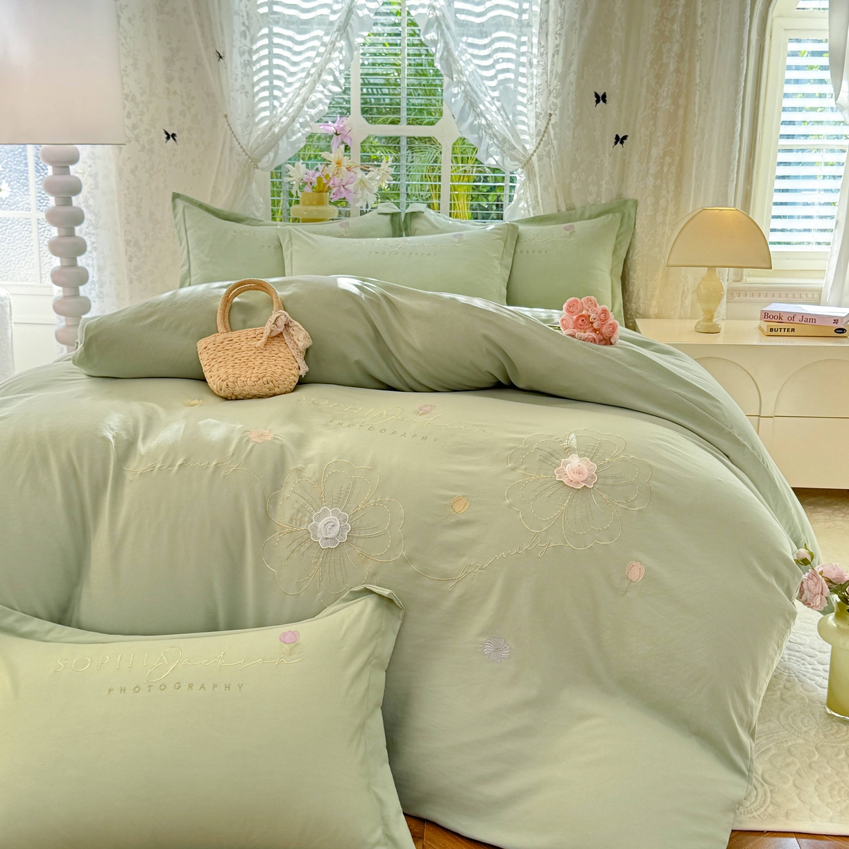 91家纺网 家纺一手货源 找家纺 （总）大麦乐田 2025新款小清新糯小棉立体花绣花吊边四件套