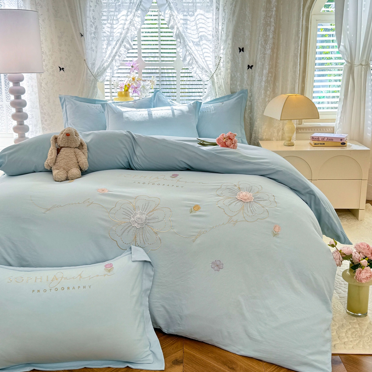 大麦乐田 2025新款小清新糯小棉立体花绣花吊边四件套 清新恋人-兰